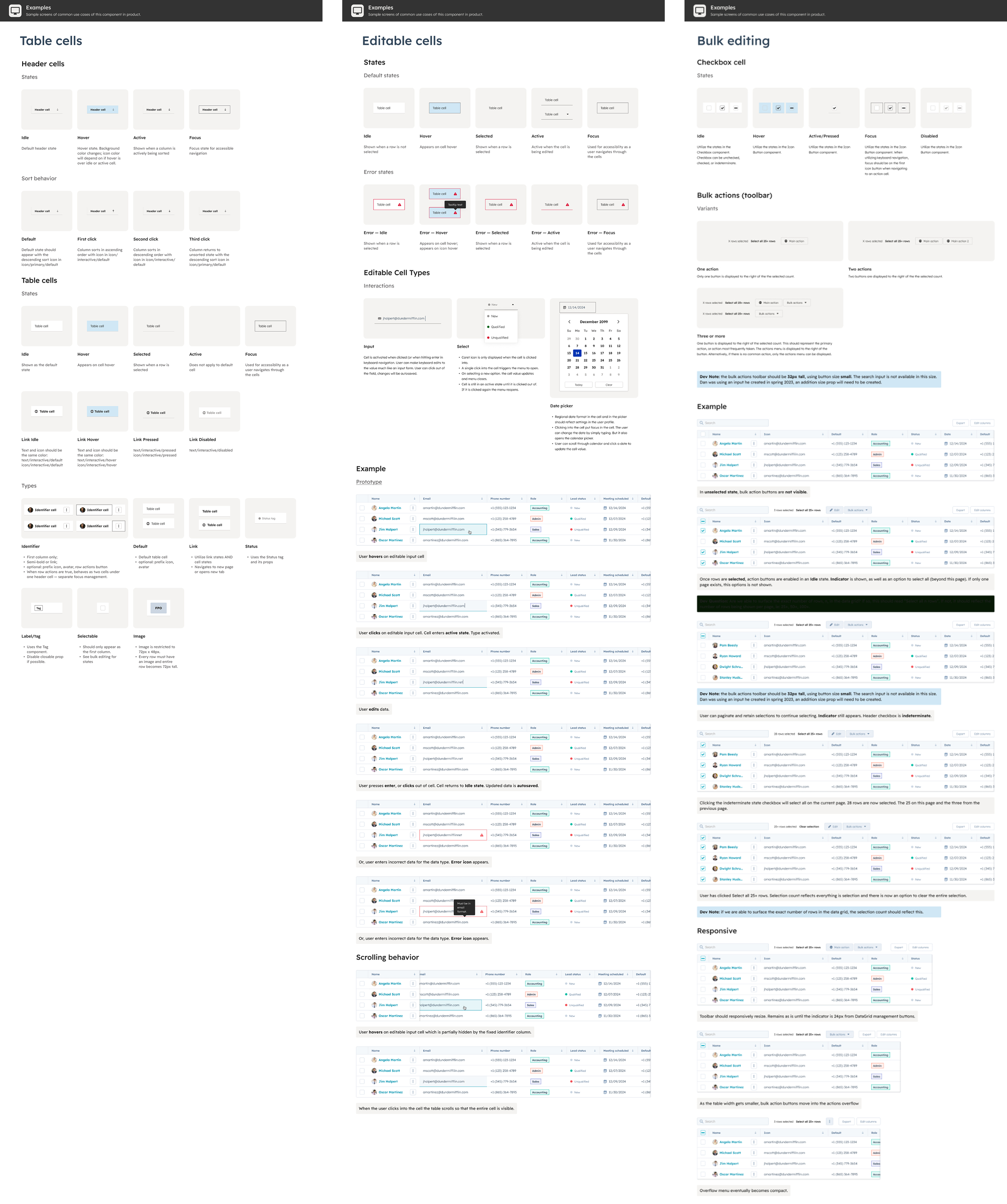 screen shots showing many of the specs I created for the data grid